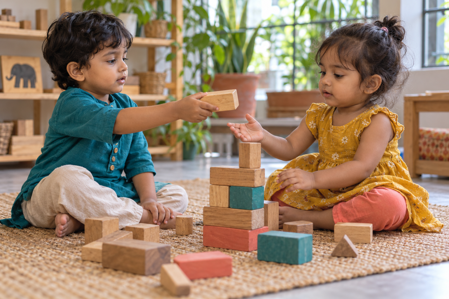 Two toddlers sharing large wooden blocks as they build a tower together