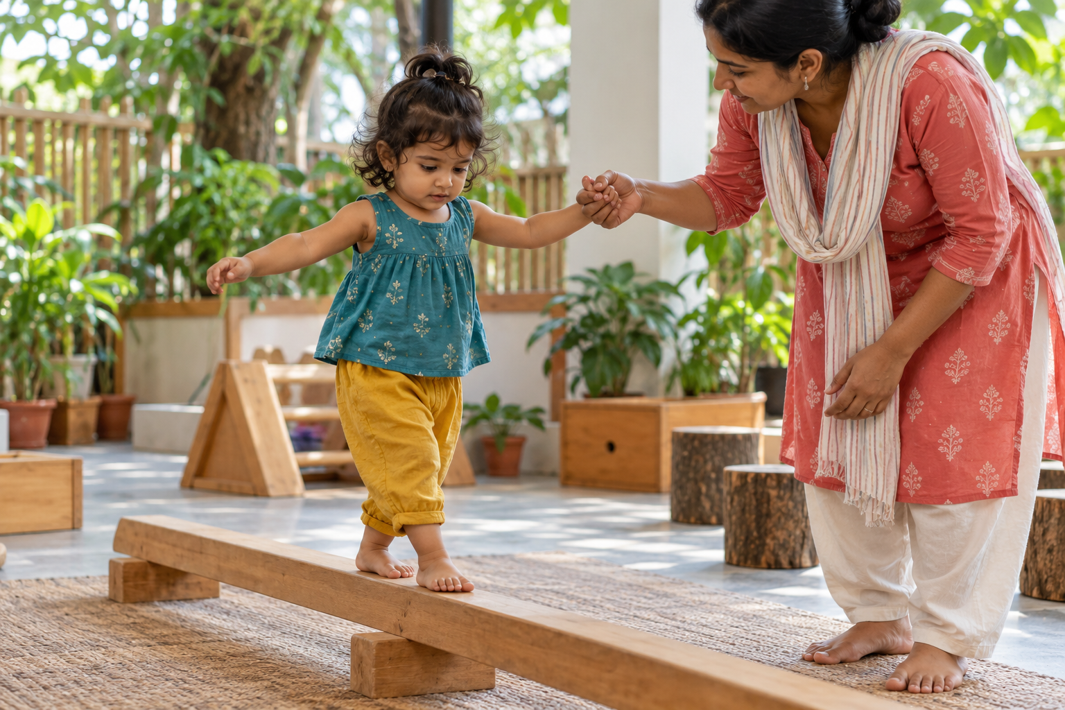 A toddler practising balance on a low wooden beam with an educator holding their hand