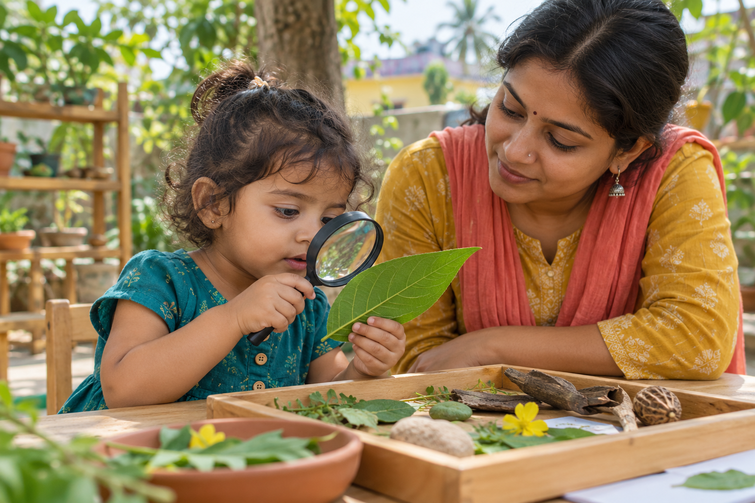 A toddler examining a leaf through a magnifying glass at an outdoor table