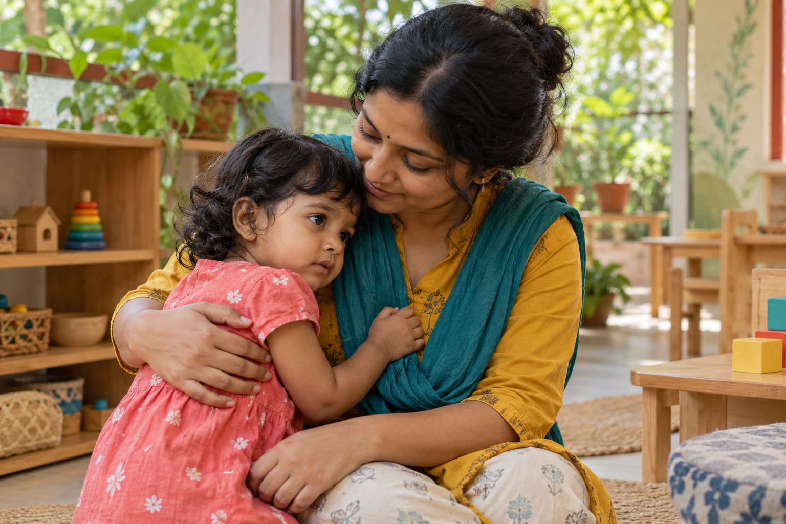 An educator at a toddler's level offering a gentle reassuring hug