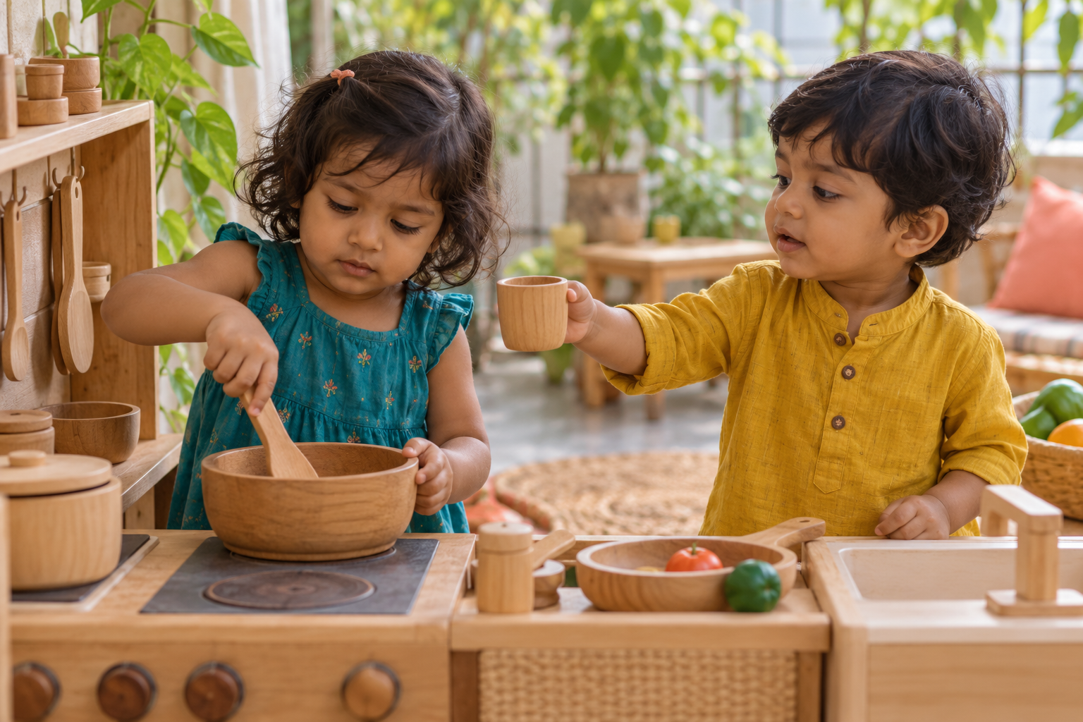 Two toddlers pretending to cook together in a wooden play kitchen