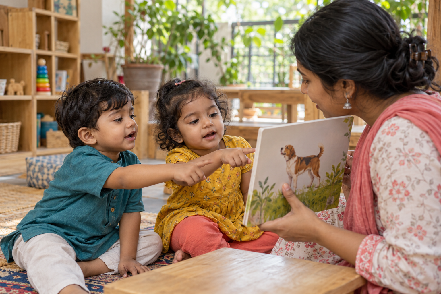 Toddlers looking at a picture book facing them and talking with an educator