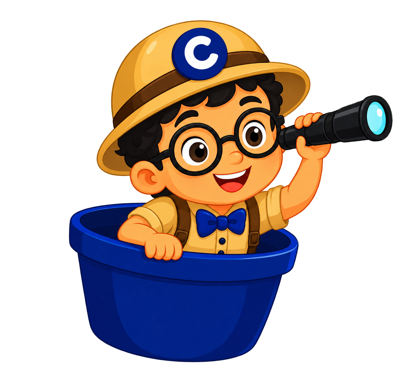 The smiling explorer child from the ThinkSeum logo, with glasses, explorer hat and telescope