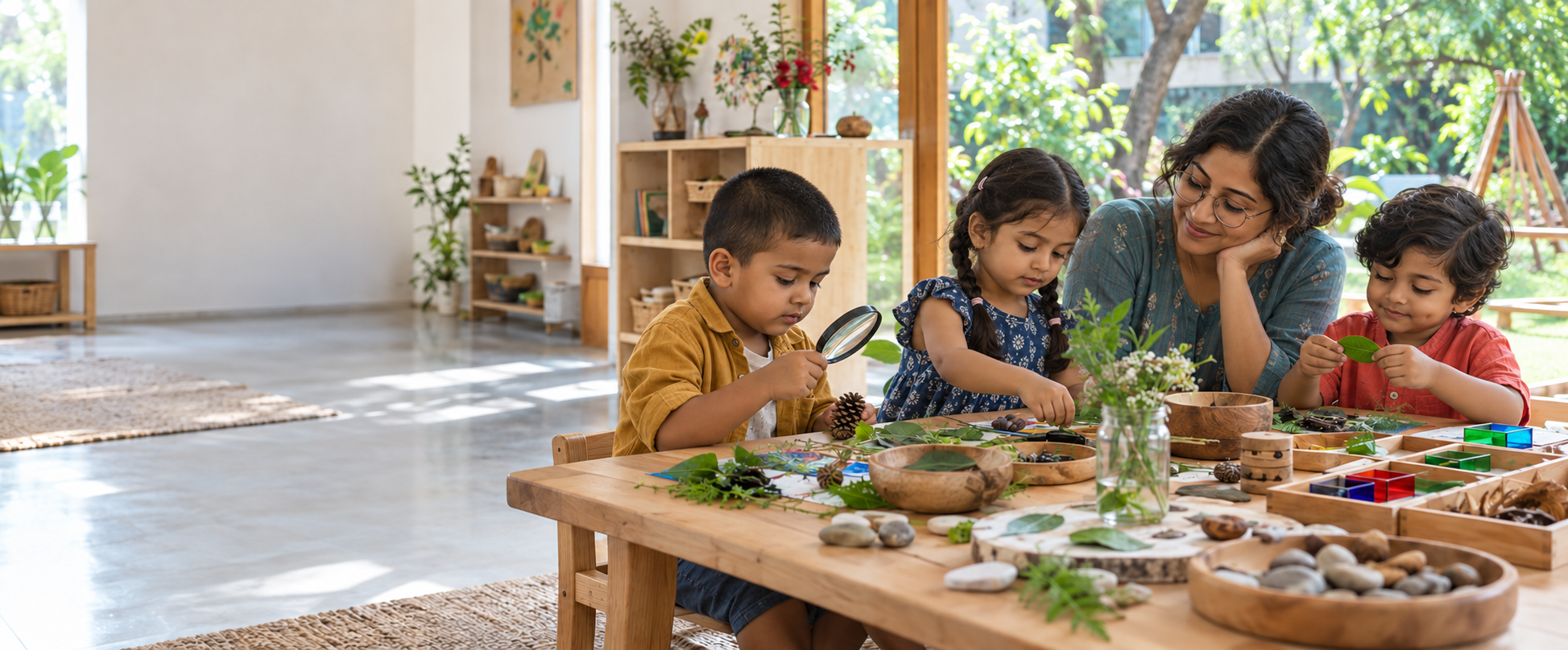Illustrative scene of young children exploring natural materials with an educator