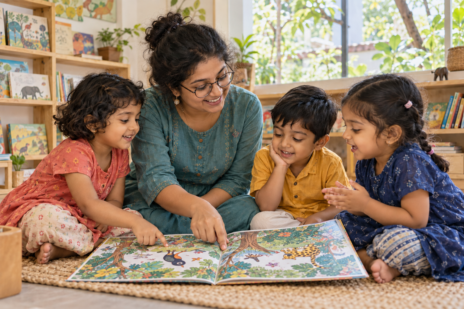 Illustrative scene of children sharing a picture book with an educator